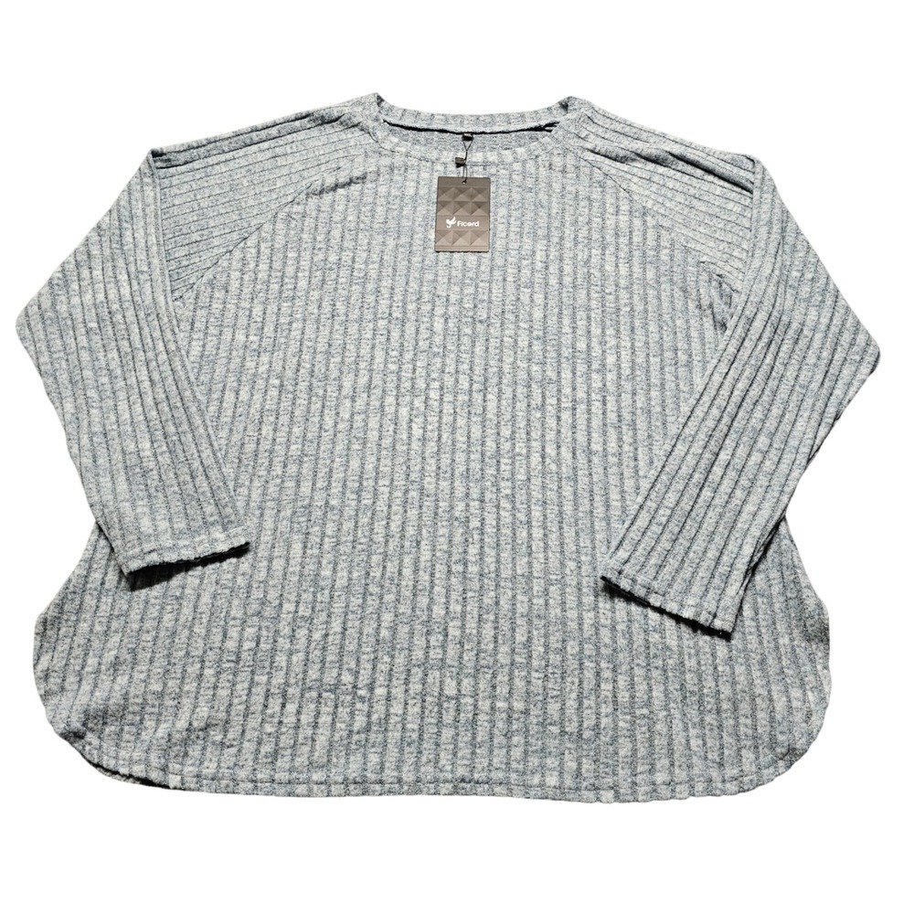 NWT Ficerd Womens 3XL Blue Ribbed Knit Long Sleeve Pullover Top Relaxed Fit